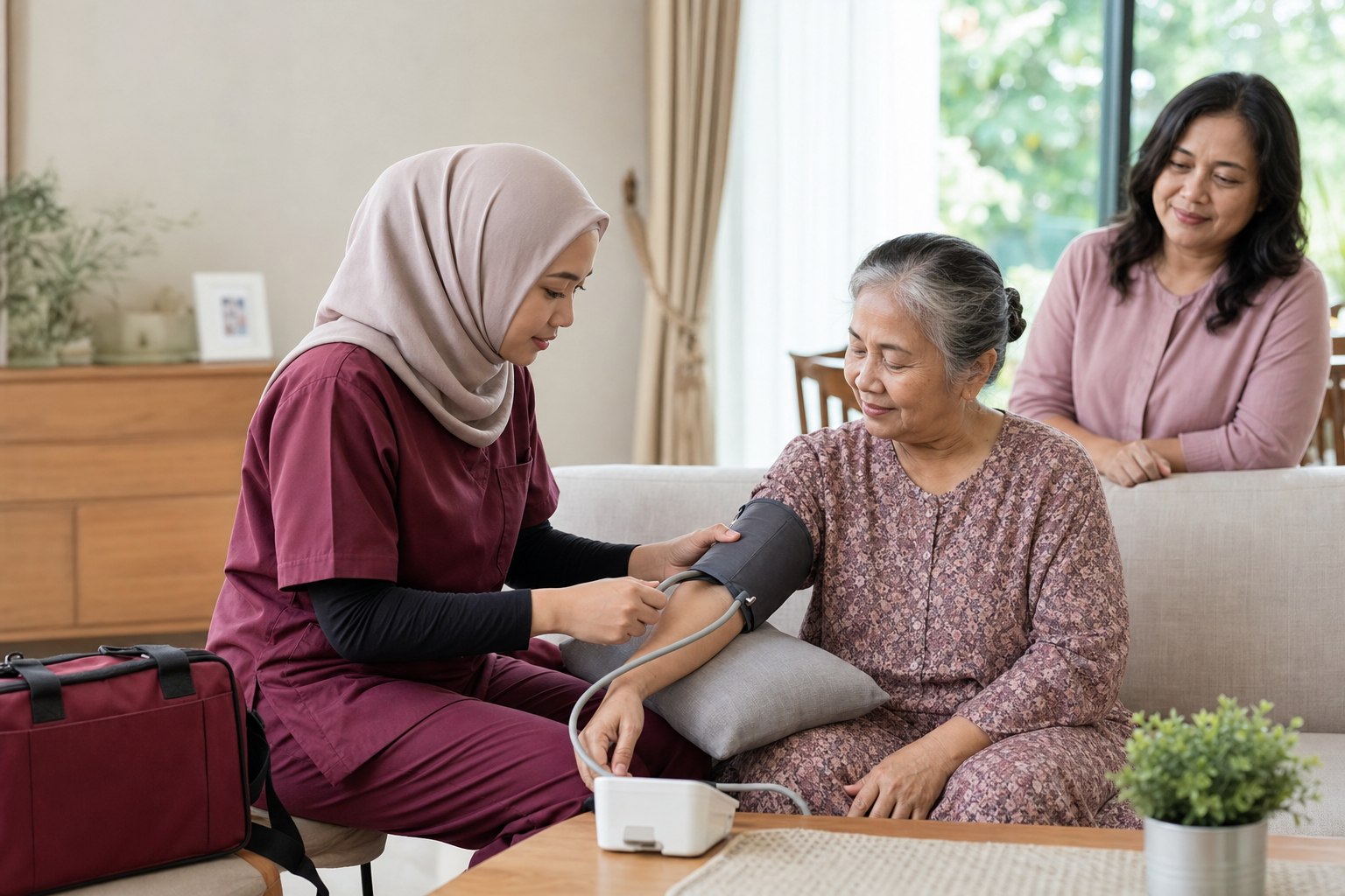 Ommri home-visit nurse checking an elderly patient's blood pressure at home